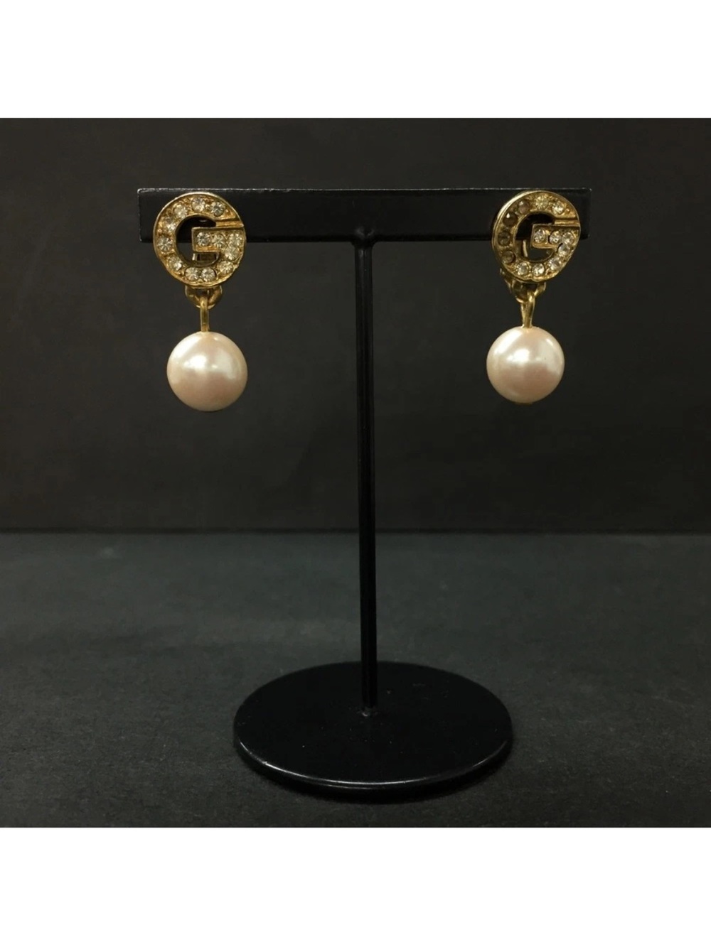 Vintage Givenchy Rhinestone G Logo Faux Pearl Drop Clip-On Earrings👝